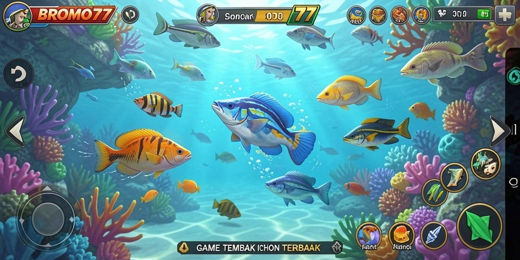 Screenshot gameplay BROMO77 menampilkan aksi menembak ikan yang seru.
