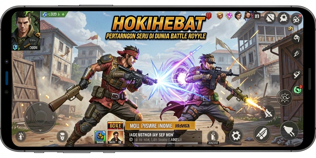 Screenshot gameplay HOKIHEBAT yang menunjukkan pertarungan sengit di Battle Royale.