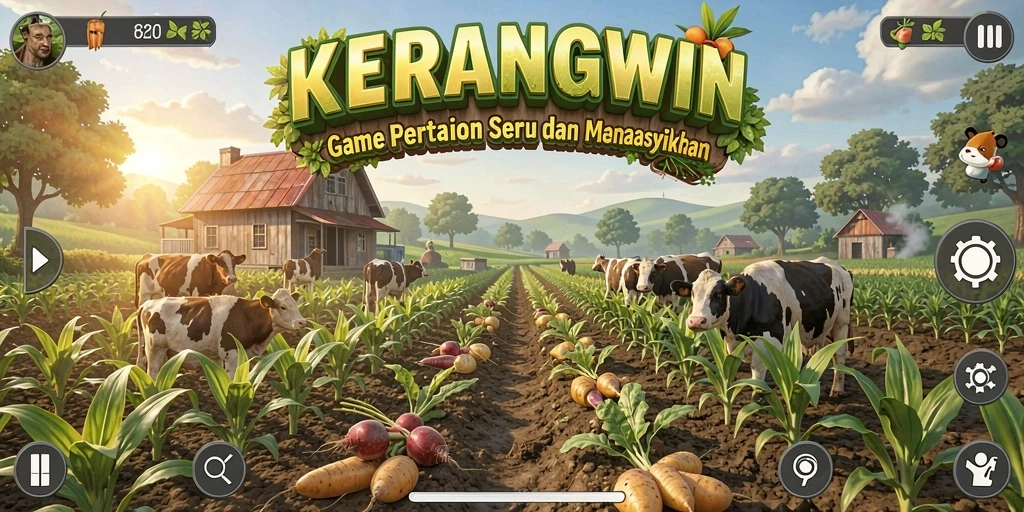 Tampilan gameplay KERANGWIN dengan kebun yang subur dan tanaman yang beraneka ragam.