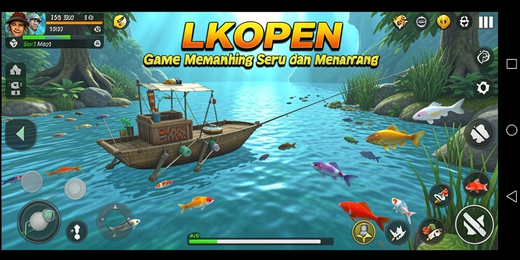 Screenshot gameplay LKOPEN menampilkan aksi memancing yang mendebarkan dan lokasi yang indah.