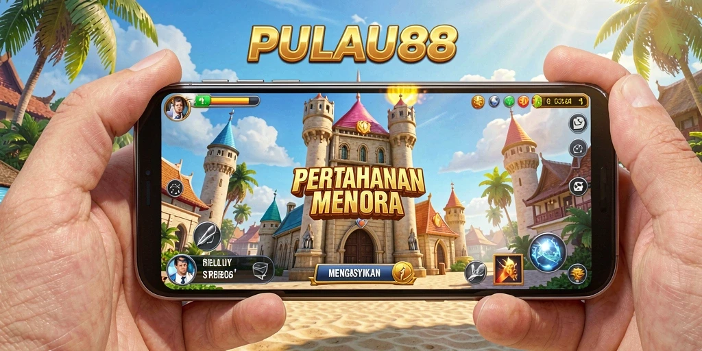 Gambar tangkapan layar PULAU88 menunjukkan aksi pertahanan menara yang dinamis.
