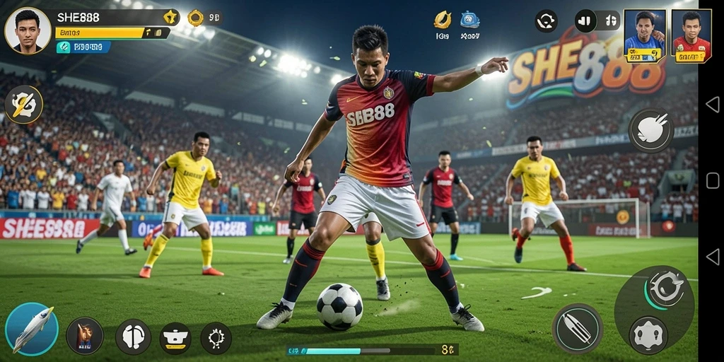 Screenshot utama SHE888 menampilkan gameplay olahraga yang dinamis.