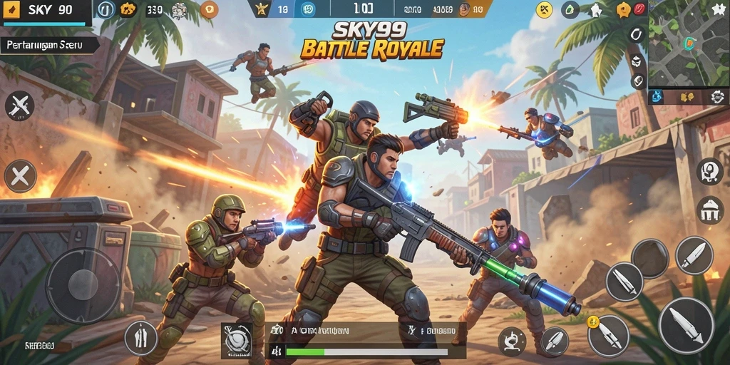Tangkapan layar dari pertempuran seru di SKY99 dengan gameplay Battle Royale.